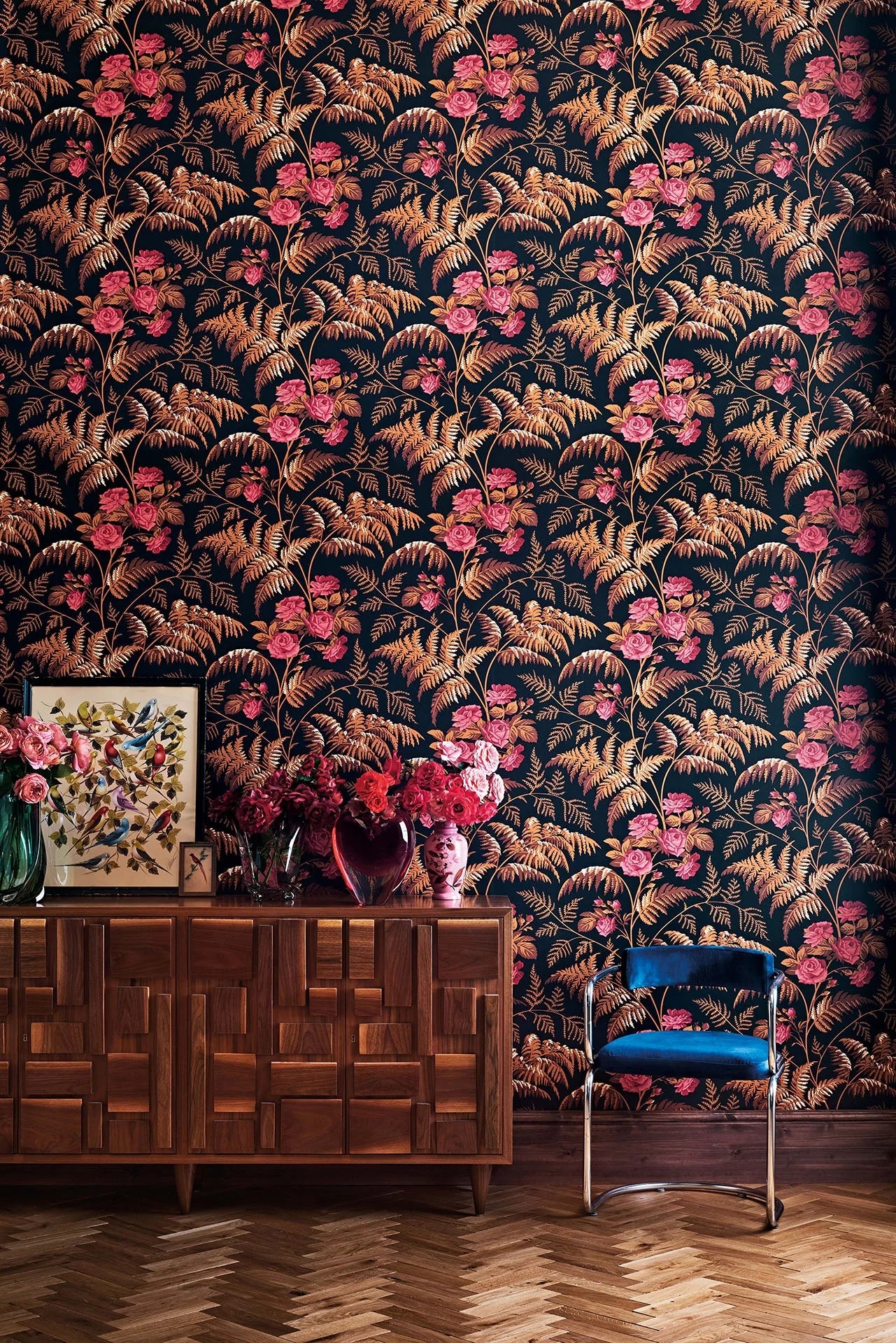 Cole & Son Botanical - Botanica , Rose, Rose & Burnt Orange on Black