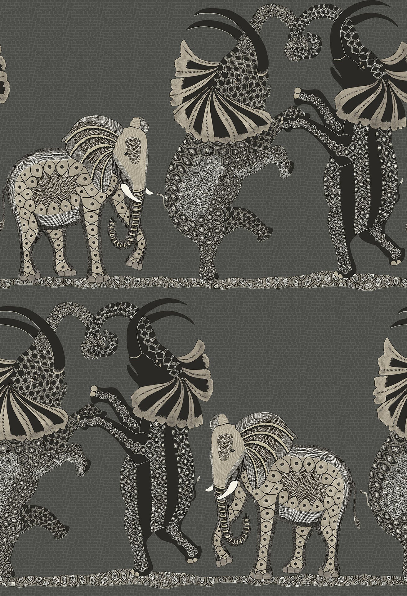 Cole & Son Ardmore Safari dance, Stone & Black on Charcoal