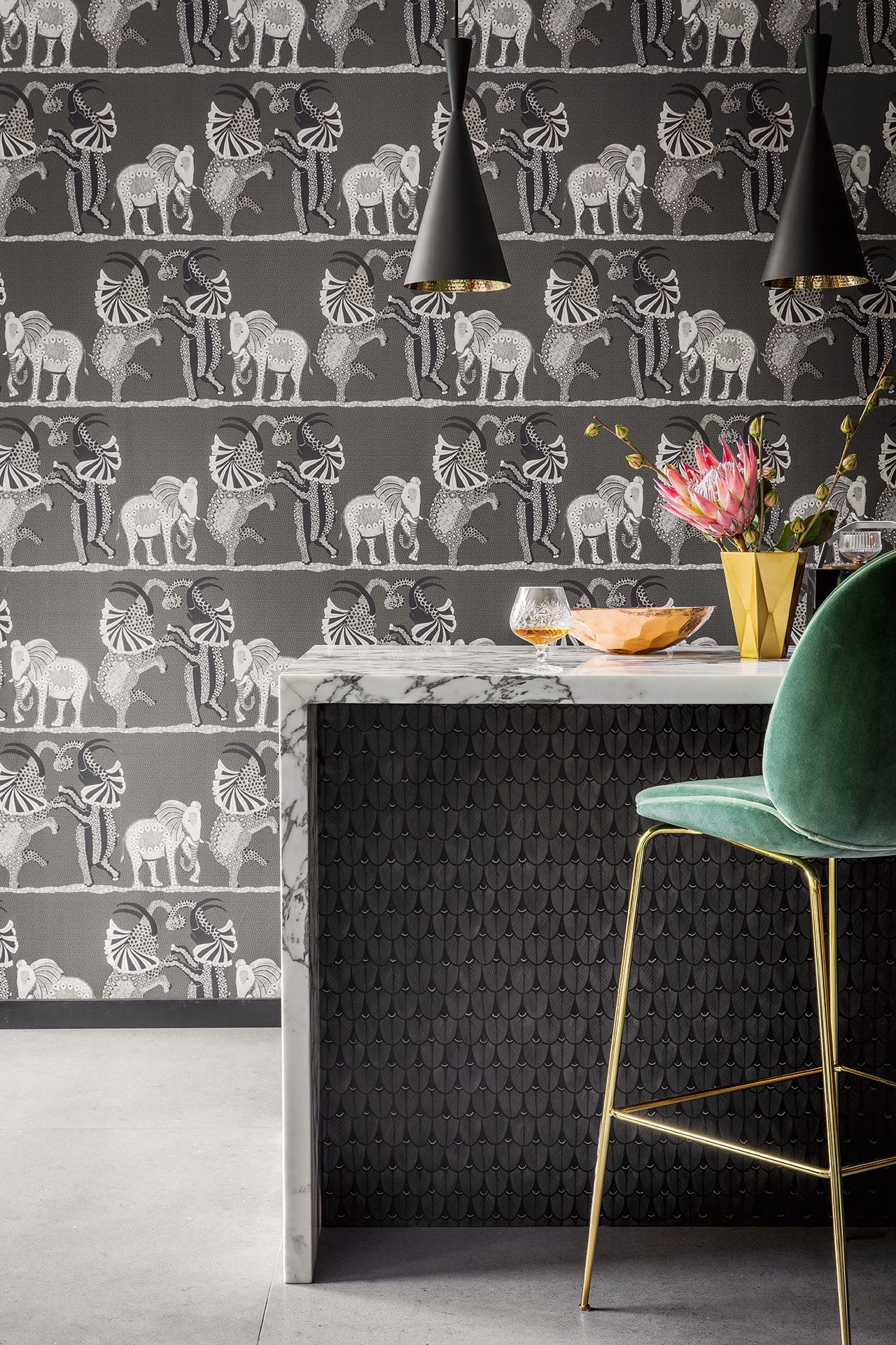 Cole & Son Ardmore Safari dance, Stone & Black on Charcoal