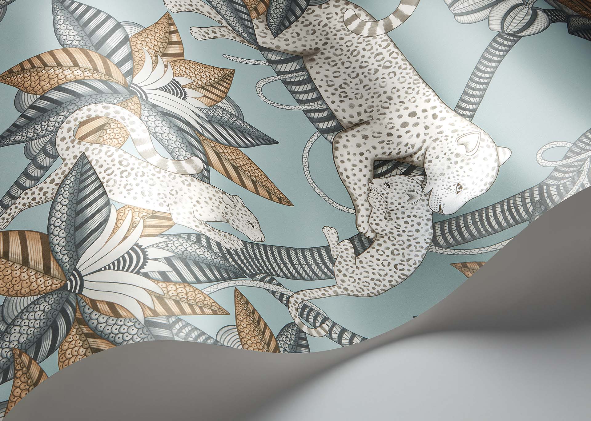 Cole & Son Jabula Satara, Slate & White Mica on Print Room Blue