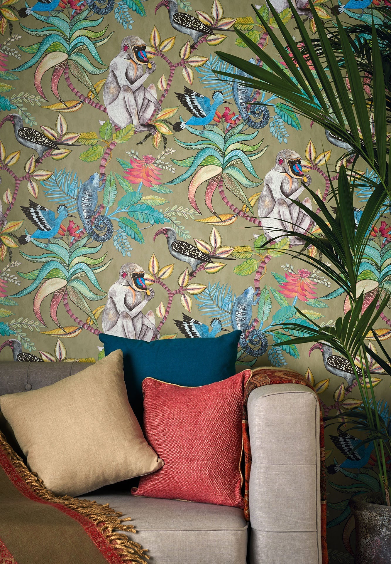 Cole & Son Ardmore Savuti, Bright Multi on Old Olive