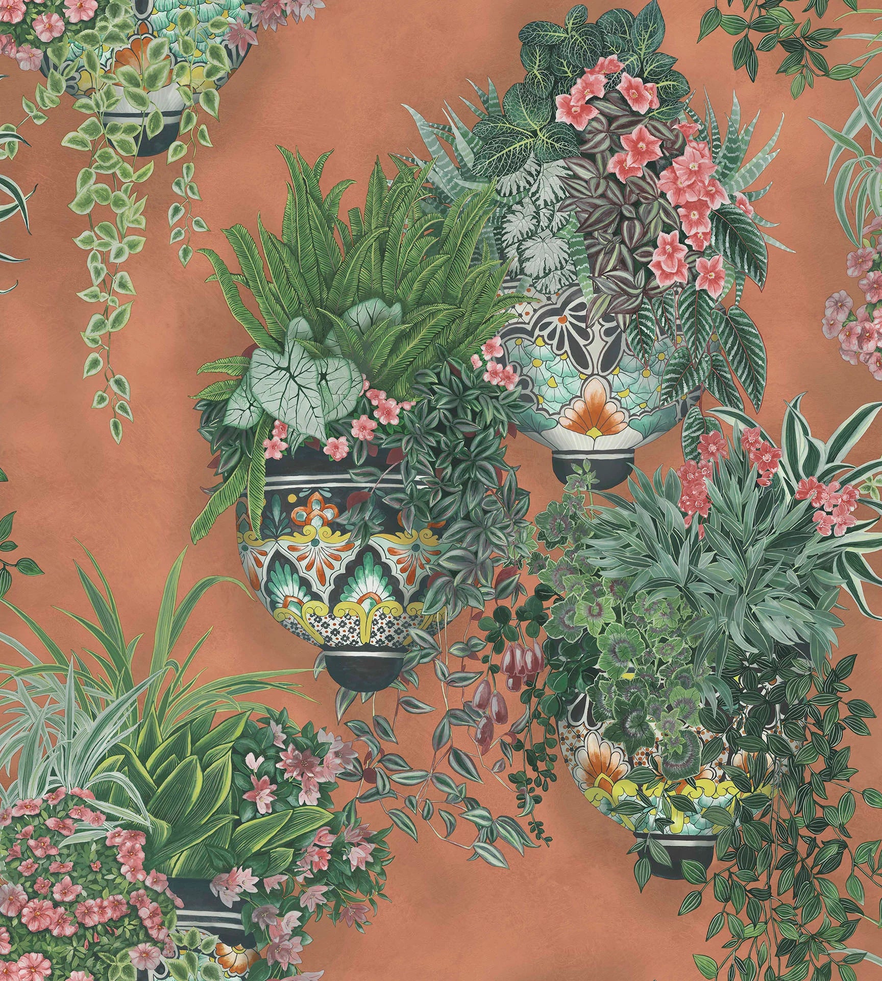 Cole & Son Seville Talavera, Rose & Spring Greens on Terracotta