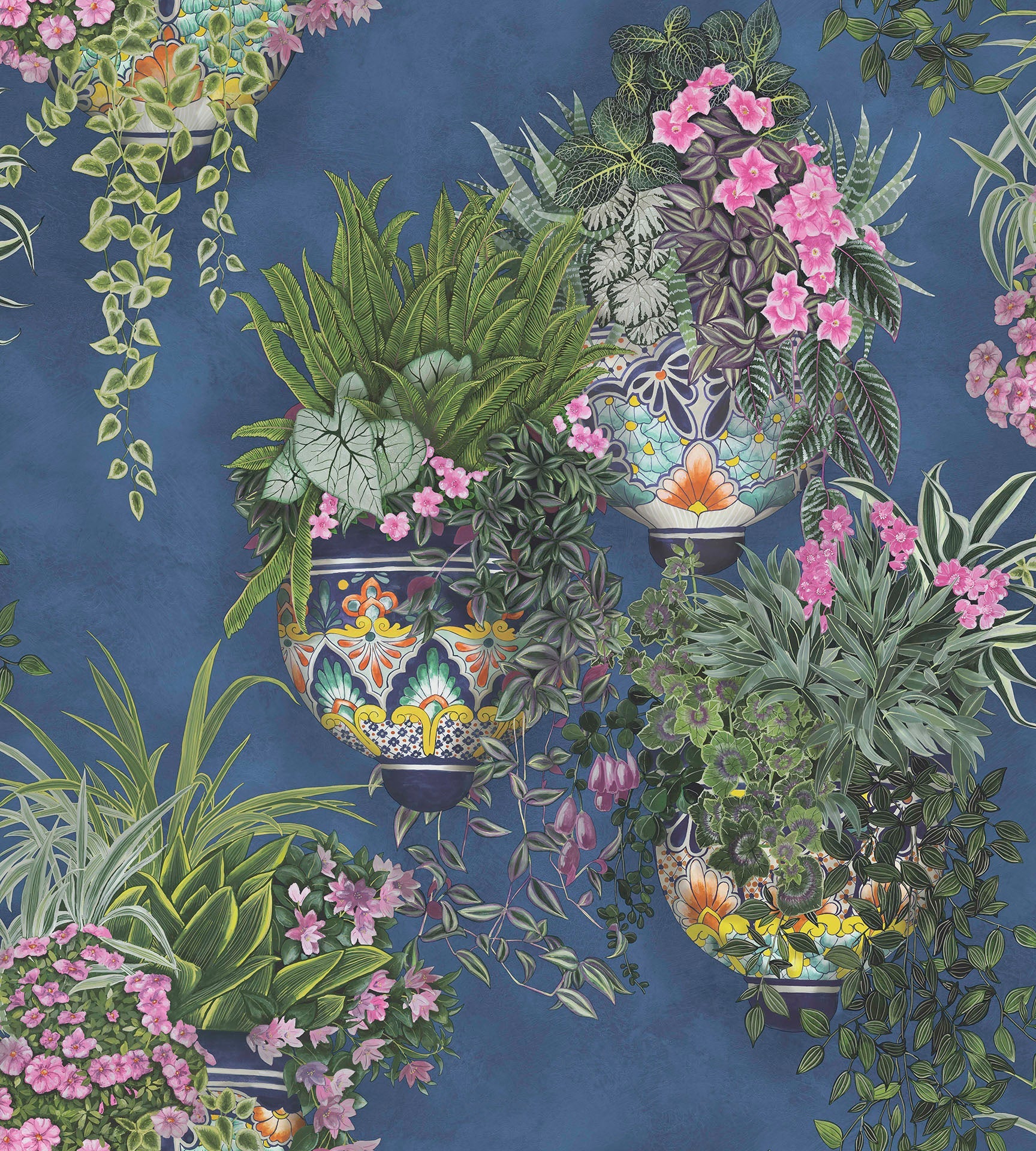Cole & Son Seville Talavera, Fuchsia & Forest Greens on Cerulean Sky
