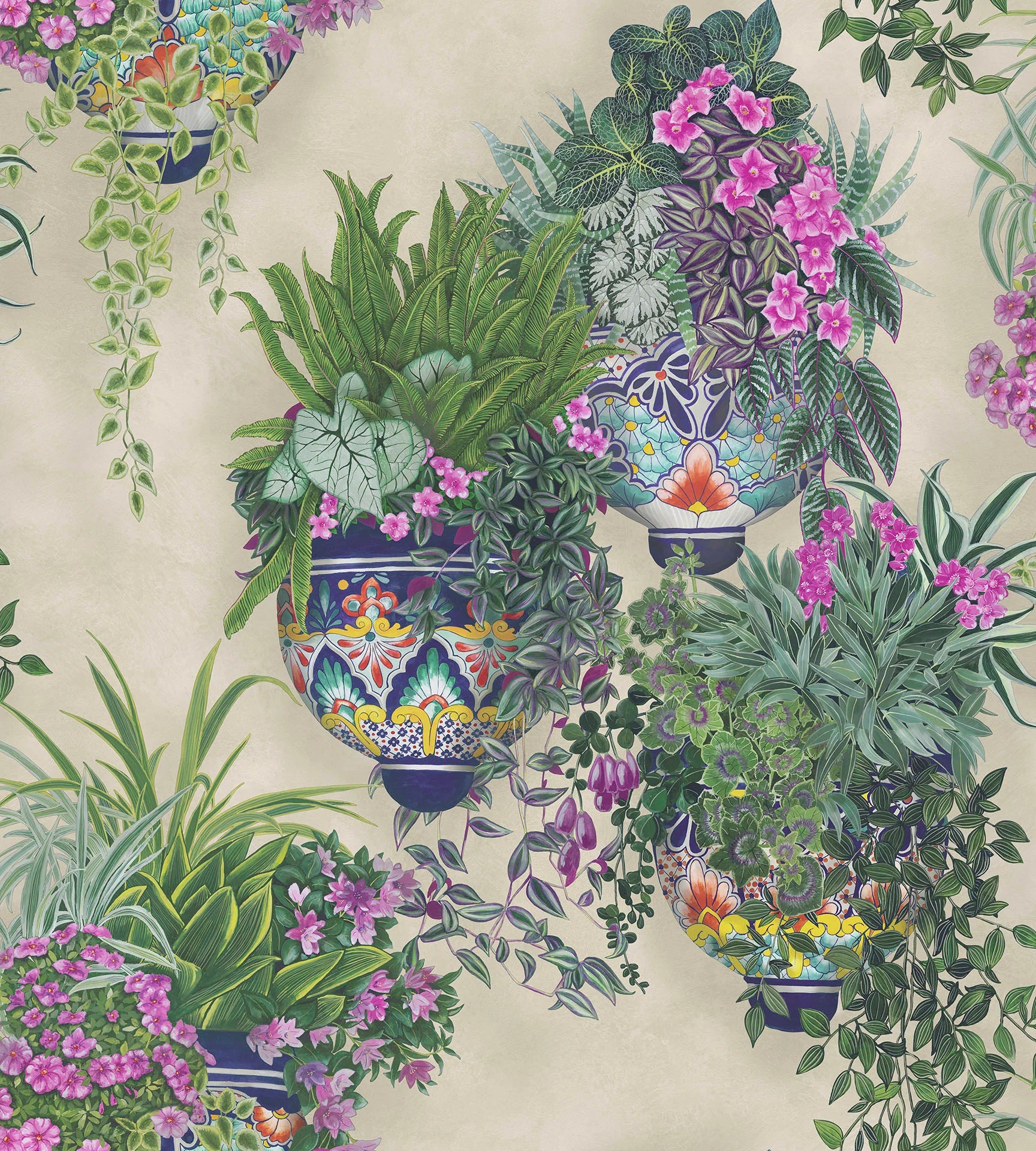 Cole & Son Seville Talavera, Magenta & Spring Greens on Stone