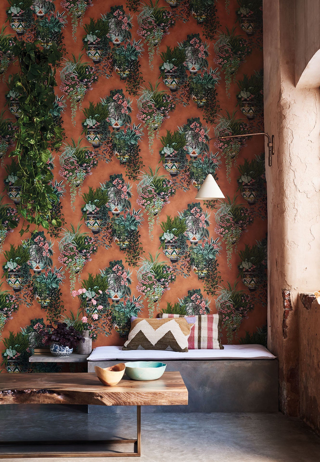 Cole & Son Seville Talavera, Rose & Spring Greens on Terracotta