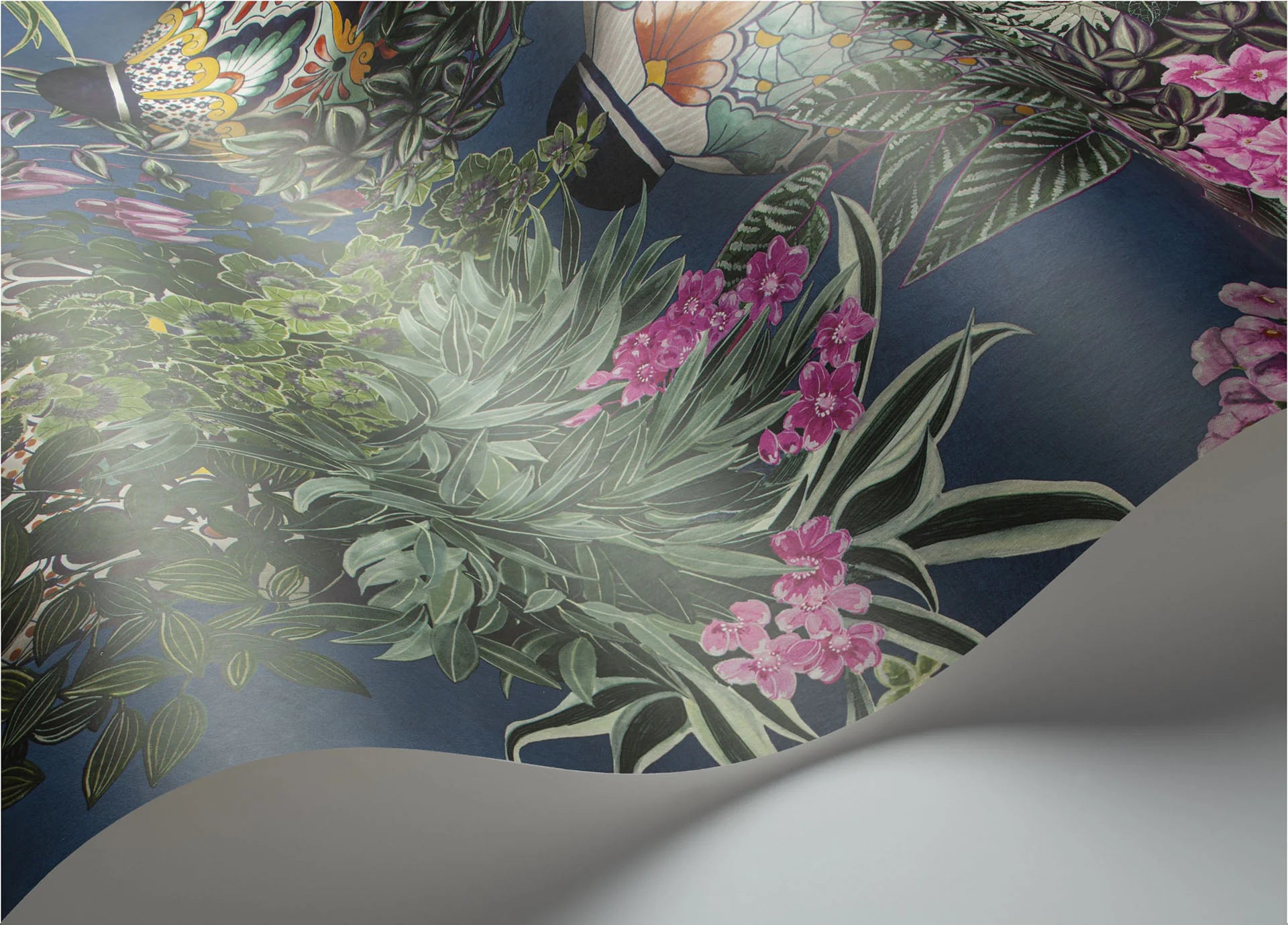 Cole & Son Seville Talavera, Fuchsia & Forest Greens on Cerulean Sky