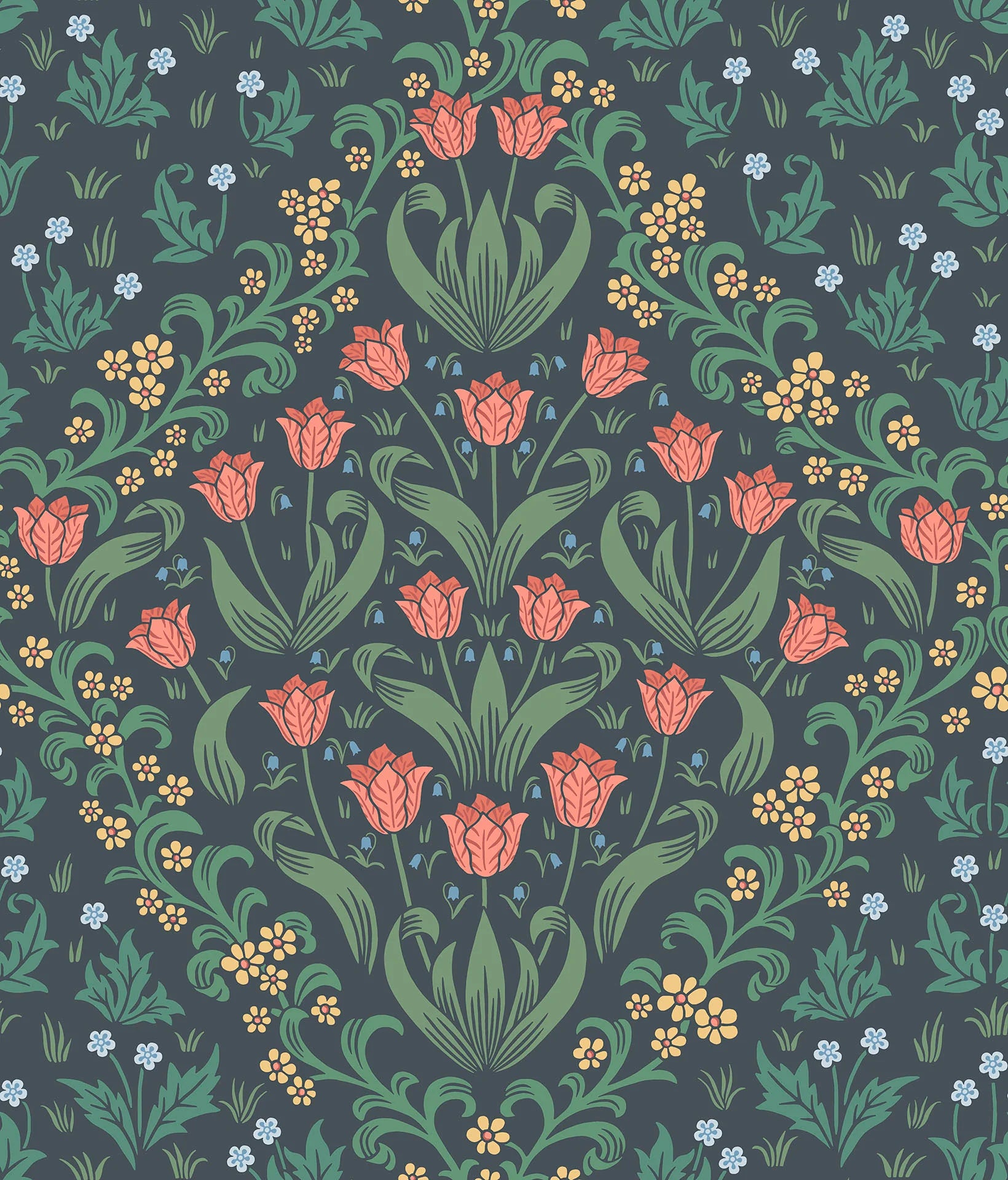 Cole & Son Historic Royal Palaces Tudor Garden, Rouge & Forest Green on Charcoal