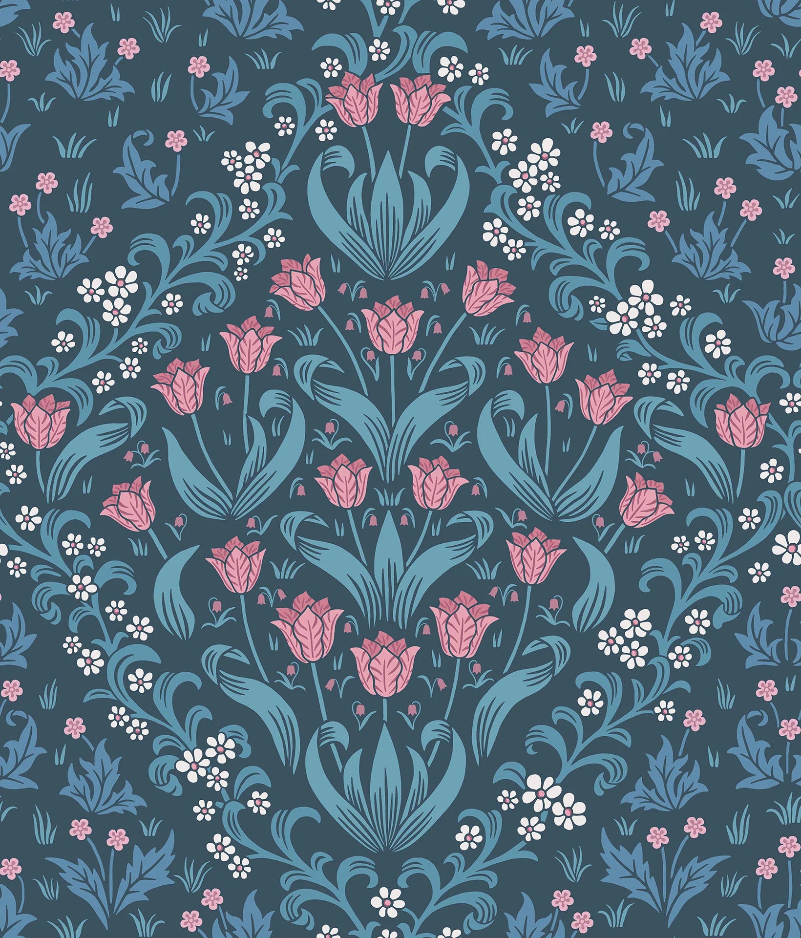 Cole & Son Historic Royal Palaces Tudor Garden, Fuchsia & Cerulean Blue on Midnight
