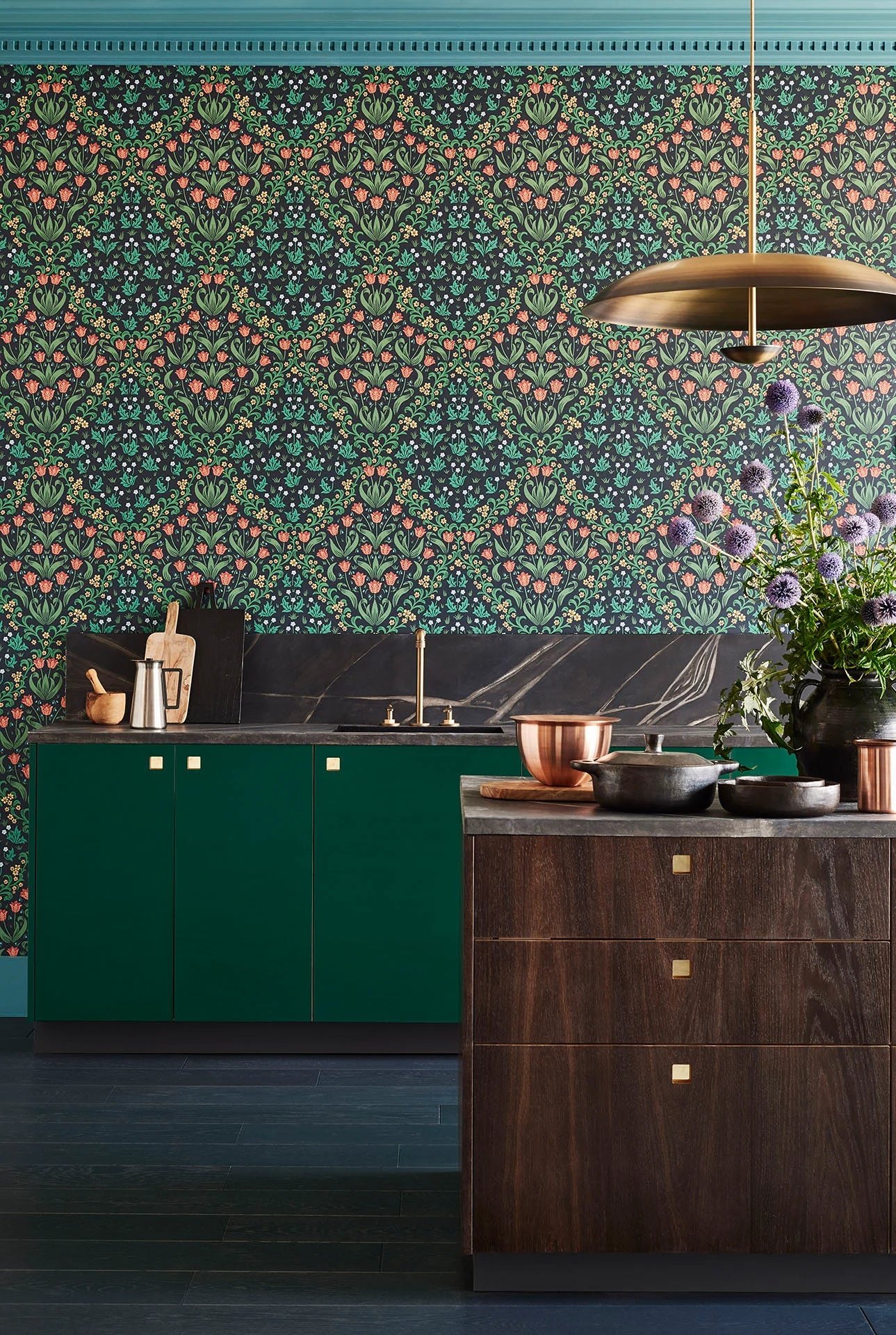 Cole & Son Historic Royal Palaces Tudor Garden, Rouge & Forest Green on Charcoal