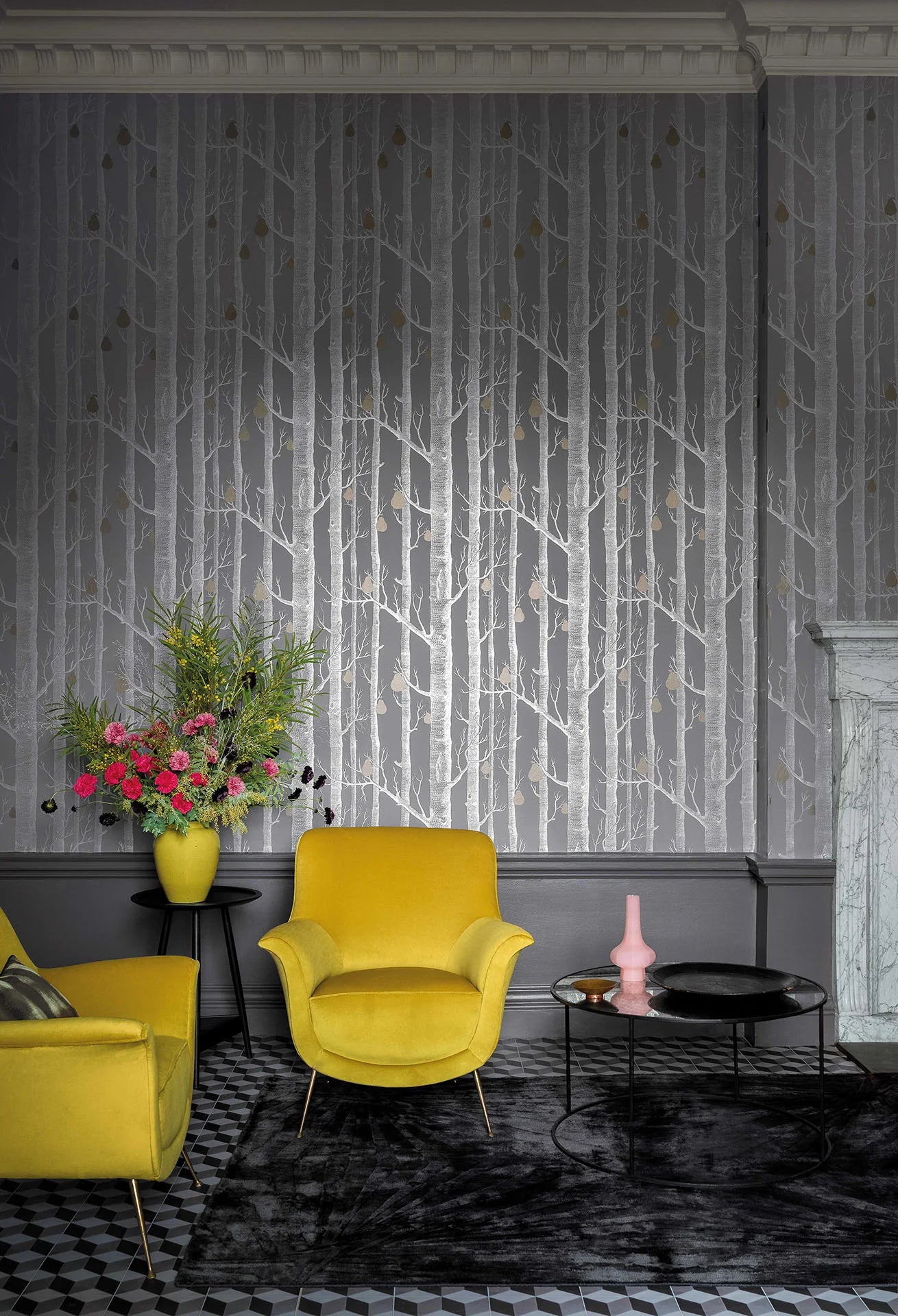 Cole & Son Contemporary Collection, Woods & Pears, Metallic Silver & Metallic Bronze on Lilac Grey