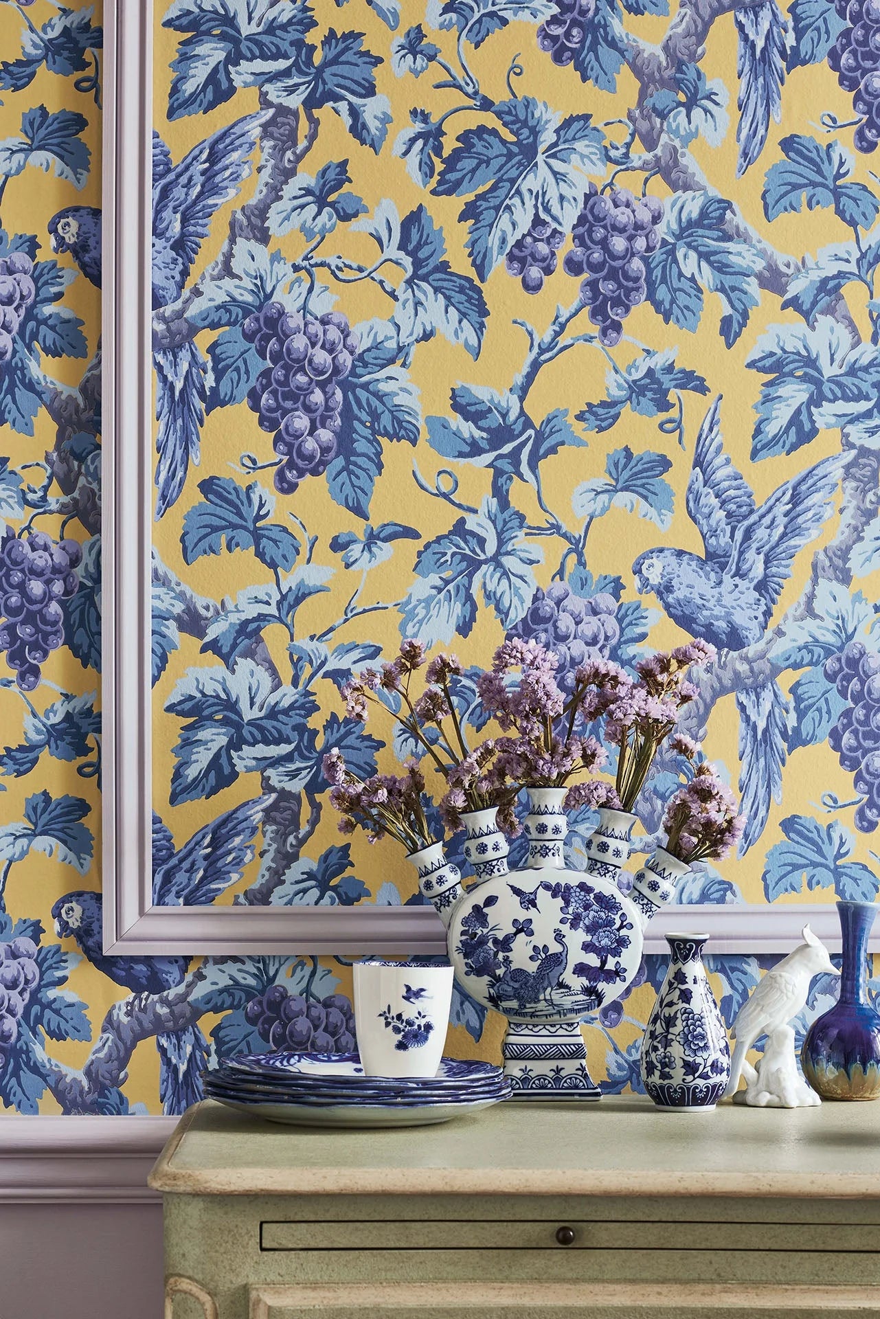 Cole & Son The Pearwood Collection. Woodvale Orchard, Hyacinth, Lilac & China Blue on Ochre