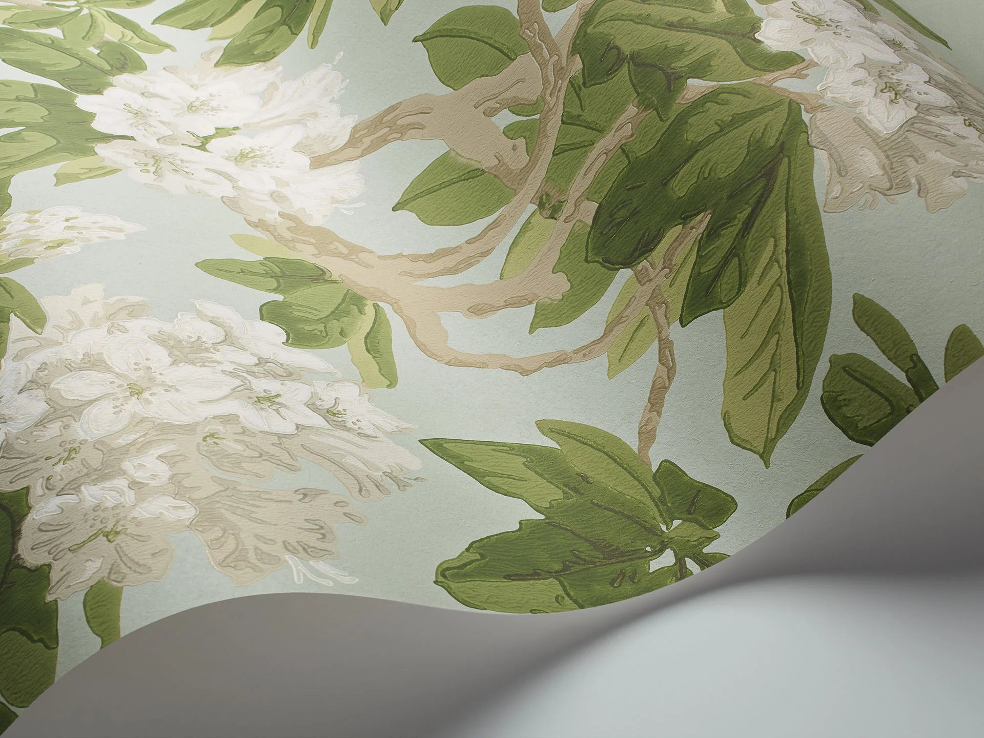 Cole & Son Folie Bourlie, White, Olive Green on Duck Egg