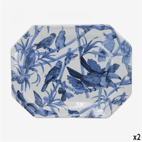Achthoekige schaal met blauwe papegaaien 37,5x29,5x3,5 cm