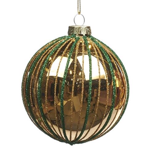 Kerstbal Gestreept Groen/goud 8cm