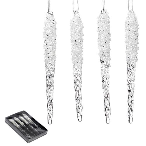 Box with 4 glass icicles 13.5cm