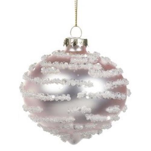 Kerstbal Druppel Mat Roze met witte glittertjes 8cm