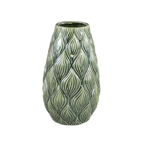 Vase Lesly green with leaf relief medium D18.5xH30.5cm