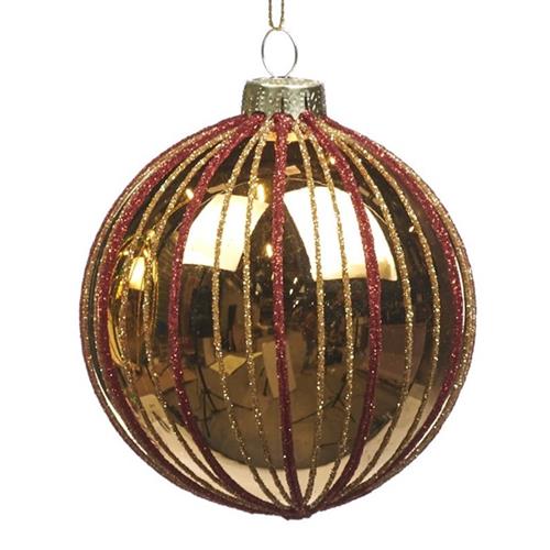 Kerstbal Gestreept Rood/goud 8cm