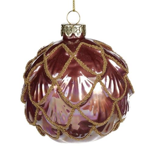 Christmas ball Dark pink with gold beads 8cm