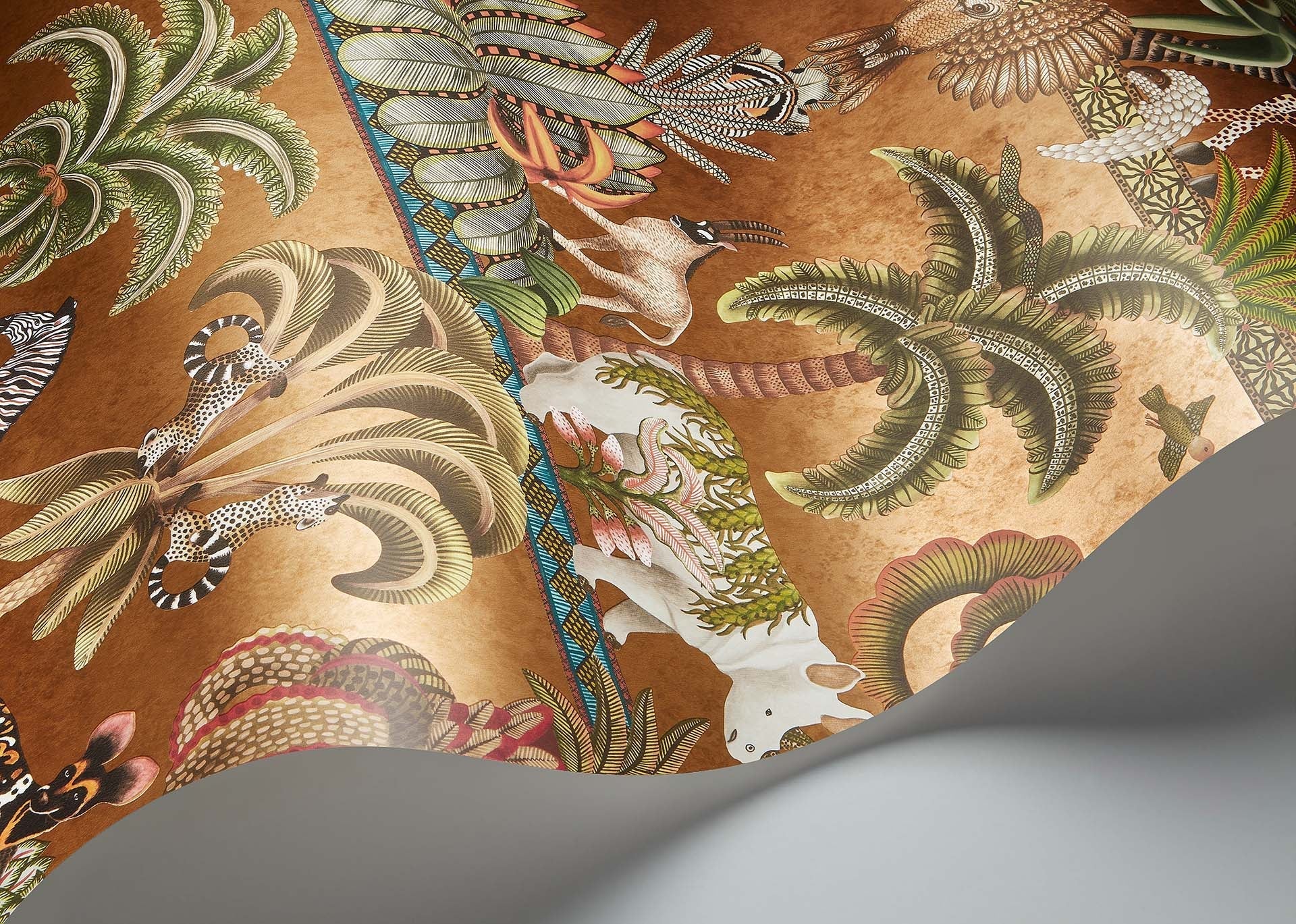 Cole & Son Ardmore Jabula.  Afrika Kingdom Olive Green & Spring Green on Metallic Bronze