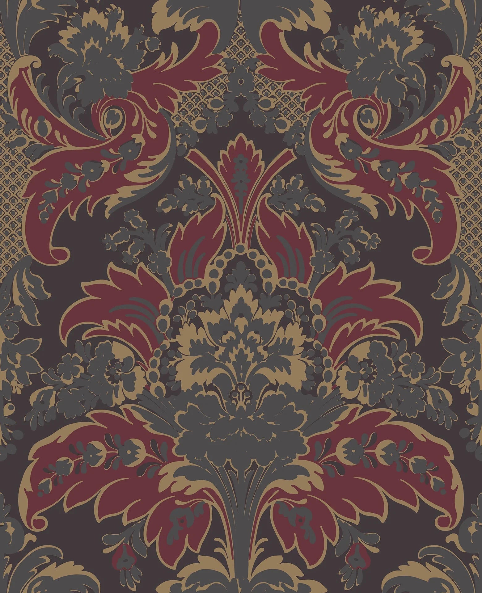 Cole & Son Albemarie, Aldwych, Metallic Gilver & Crimson on Charcoal