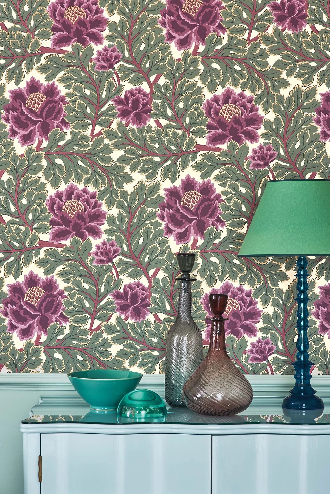 Cole & Son The Pearwood Collection.  Aurora, Mulberry & Sage on Parchment