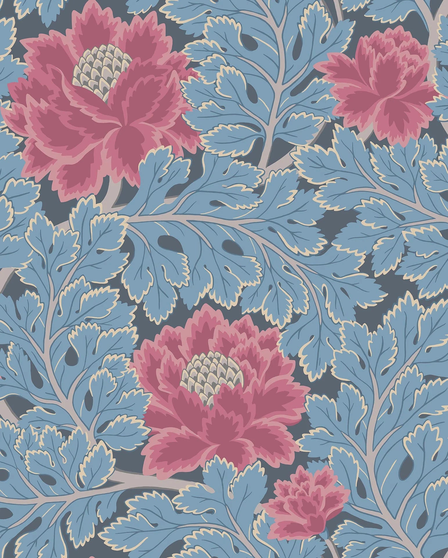 Cole & Son The Pearwood Collection.  Aurora, Cerise & Cerulean Blue on Midnight
