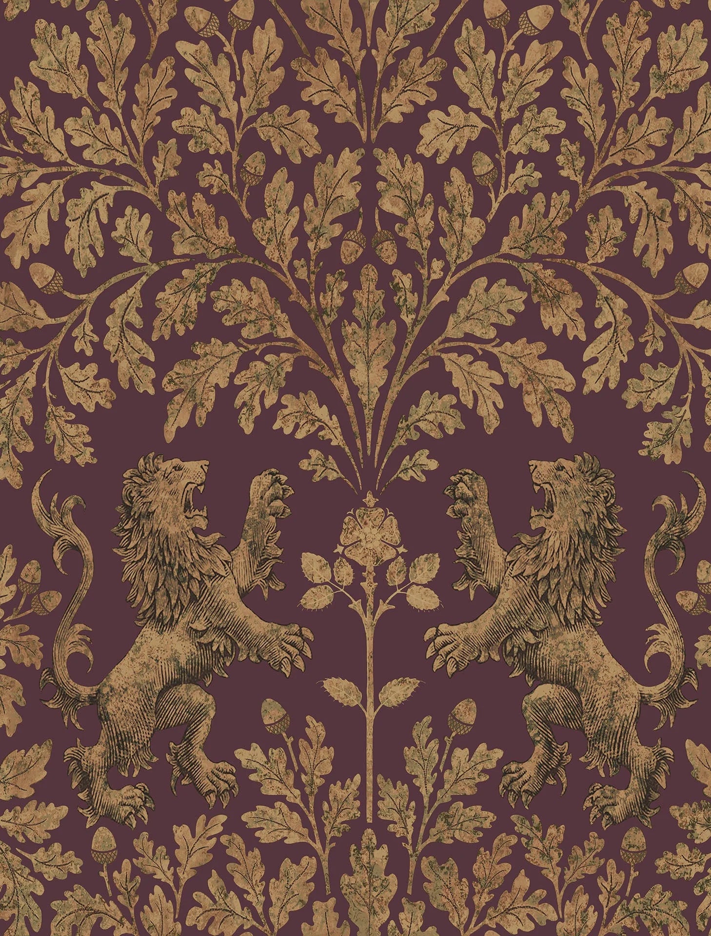Cole & Son The Pearwood Collection. Boscobel Oak, Metallic Autumnal Gold on Claret