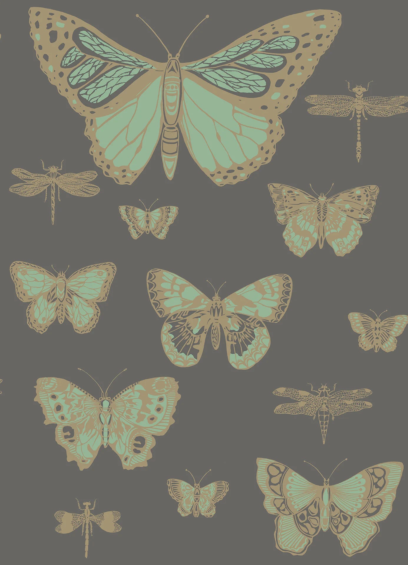 Cole & Son Whimsical Butterflies & Dragonflies, Viridian & Metallic Gold on Charcoal