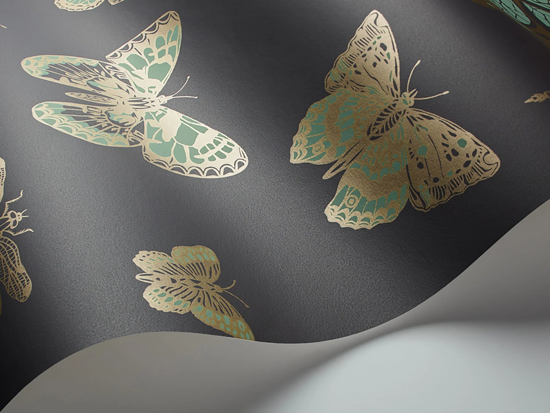 Cole & Son Whimsical Butterflies & Dragonflies, Viridian & Metallic Gold on Charcoal
