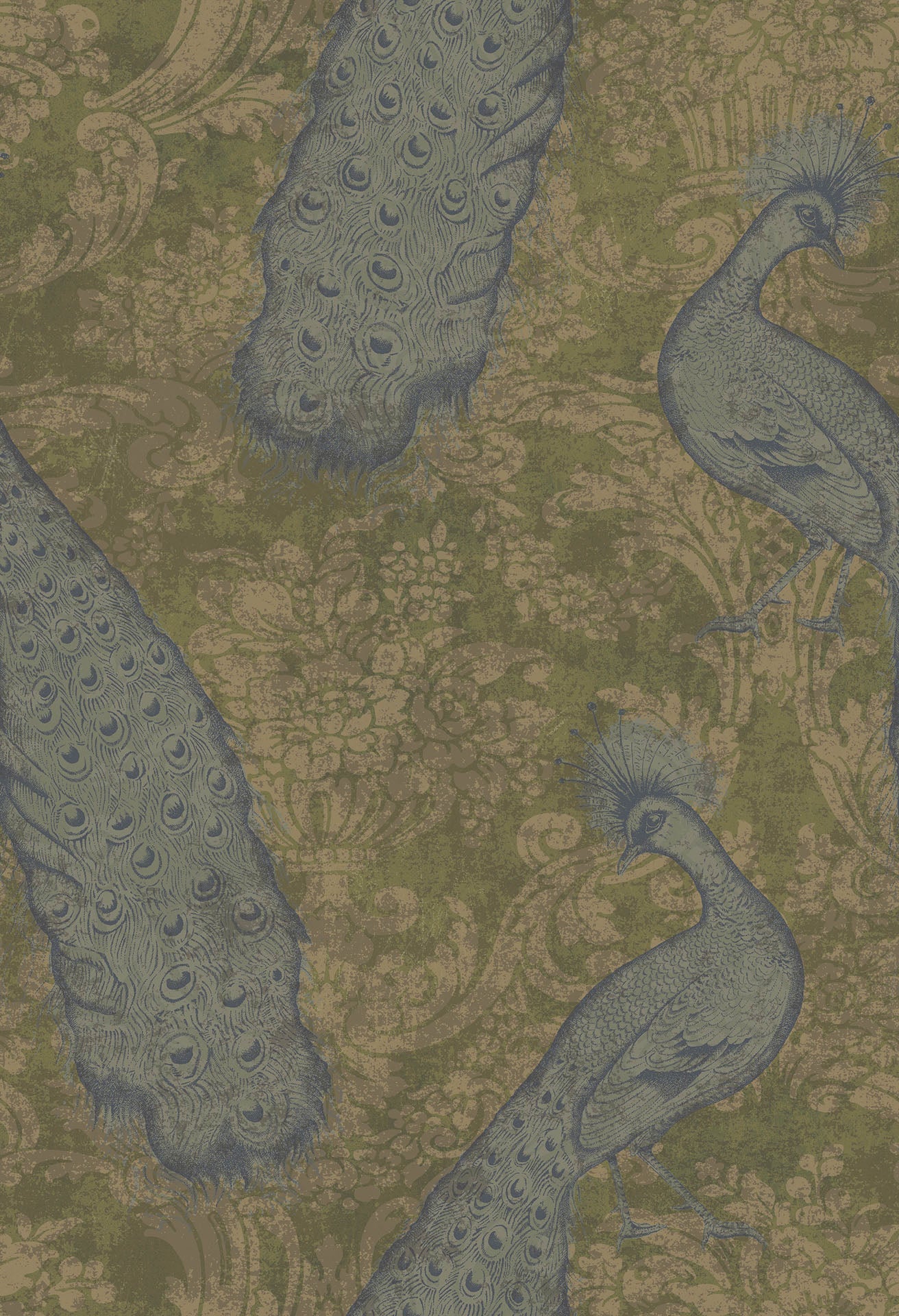 Cole & Son, Albemarie, Byron, Metallic Teal & Metallic Gilver on Olive