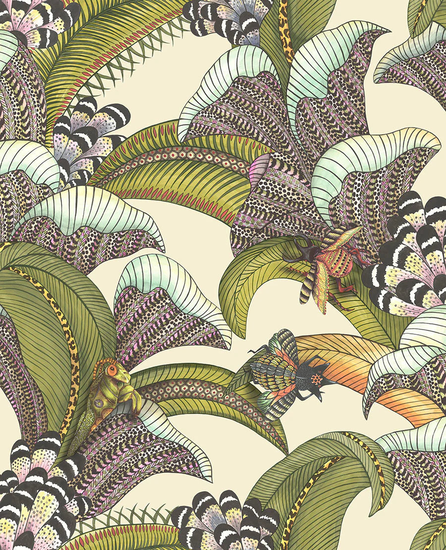 Cole & Son Ardmore Jabula.   Hoopoe Leaves, Olive, Chartreuse & Fuchsia on Cream