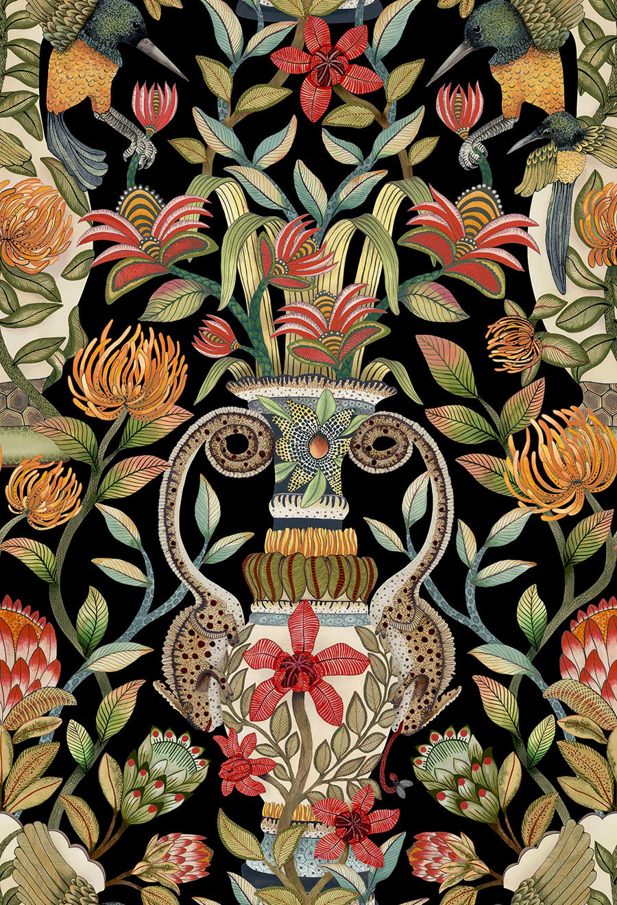 Cole & Son Ardmore Jabula . Protea Garden , Olive & Rouge on Black