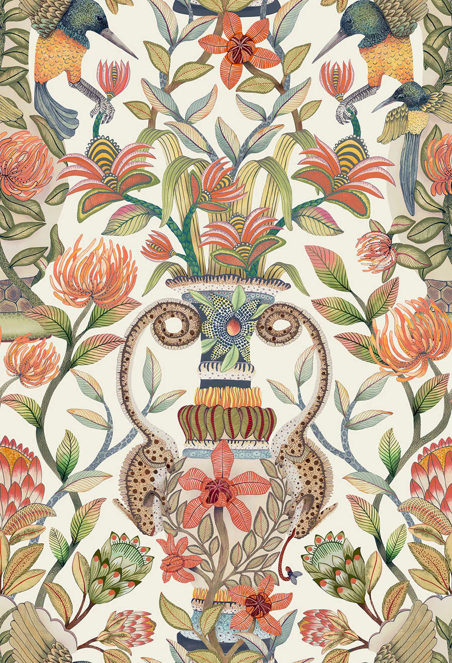 Cole & Son Ardmore Jabula . Protea Garden Silk,  Olive Green & Tangerine on White