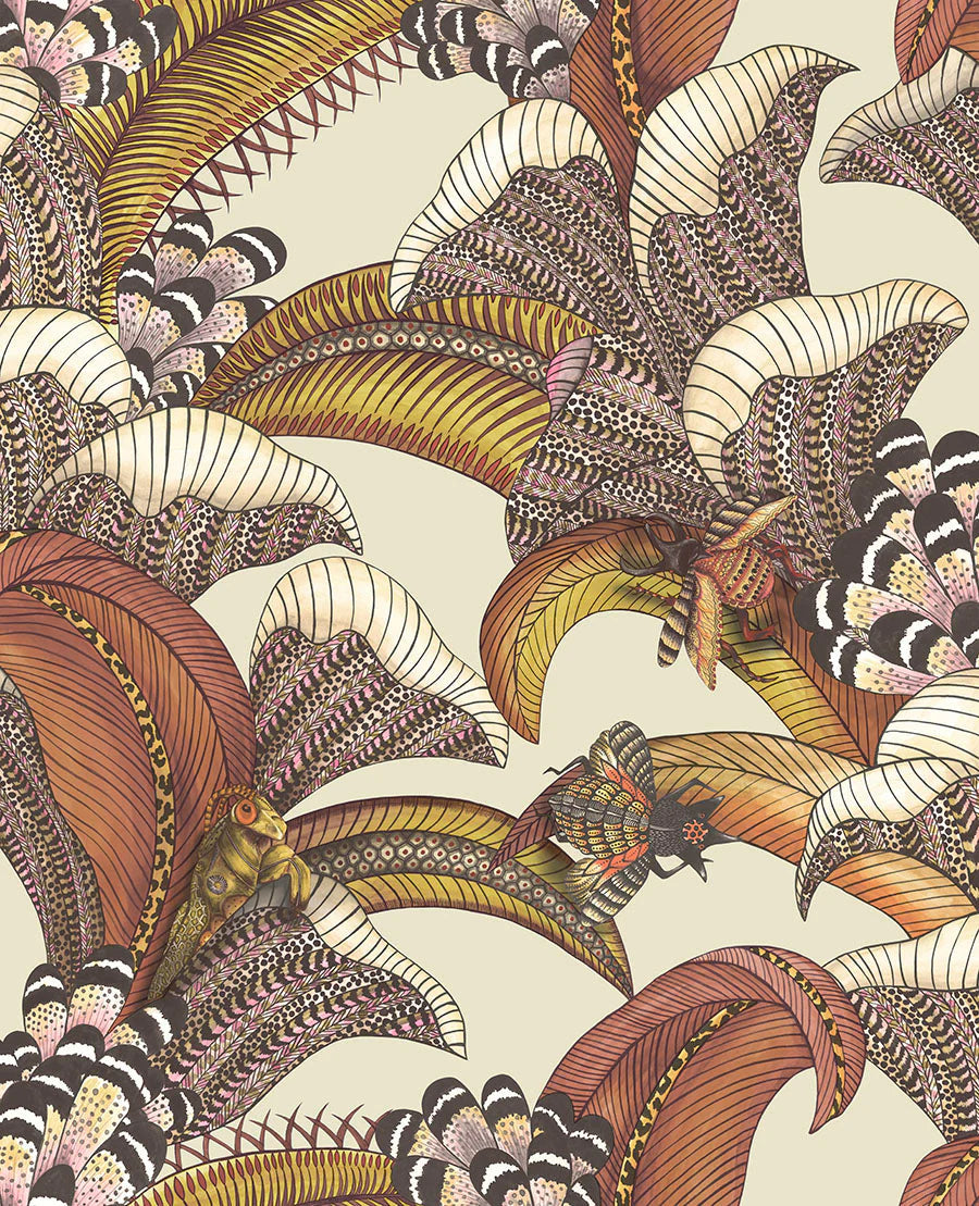 Cole & Son Ardmore Jabula .Hoopoe Leaves , Crimson, Canary Yellow, Fuchsia on Stone