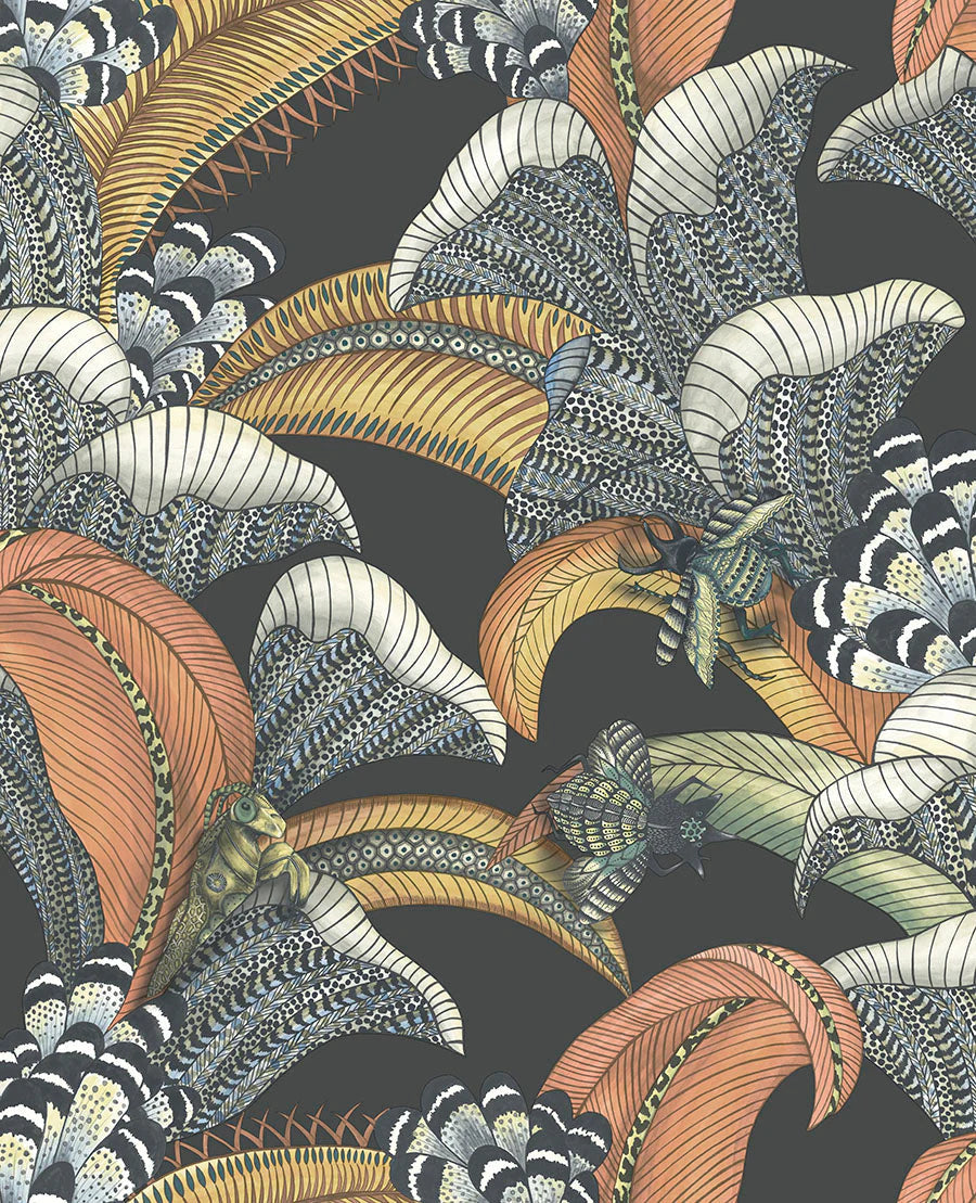 Cole & Son Ardmore Jabula .Hoopoe Leaves ,  Terracotta, Ochre & Ice Blue on Charcoal