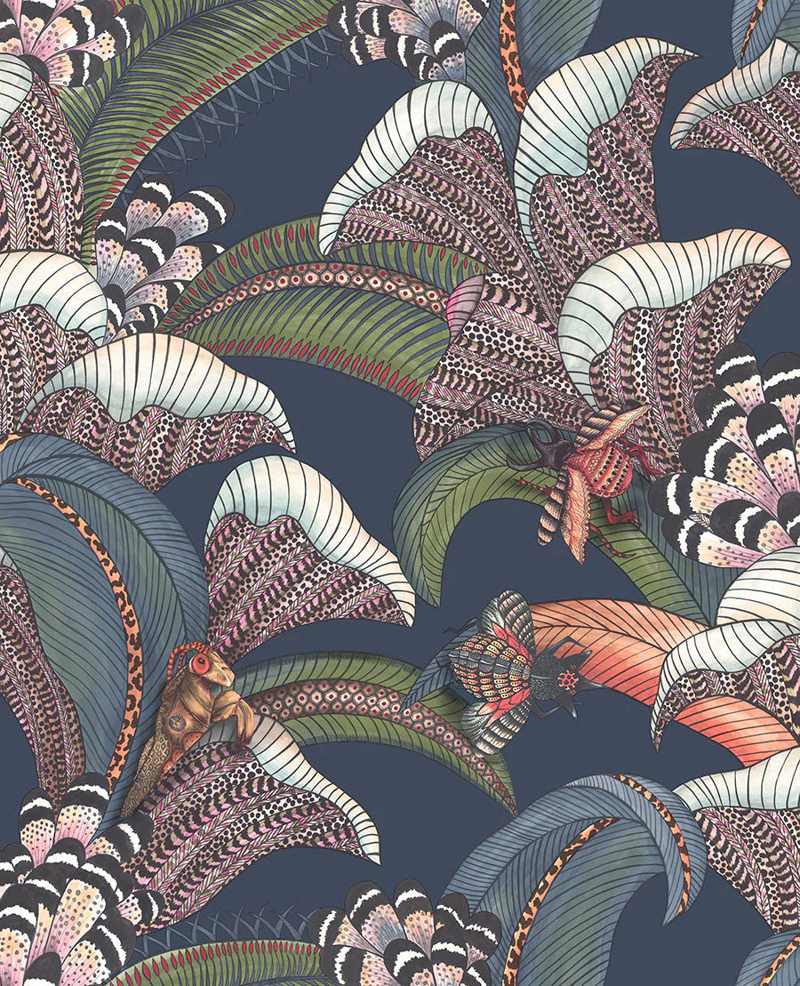 Cole & Son Ardmore Jabula .Hoopoe Leaves ,  Denim, Forest Green & Magenta on Midnight