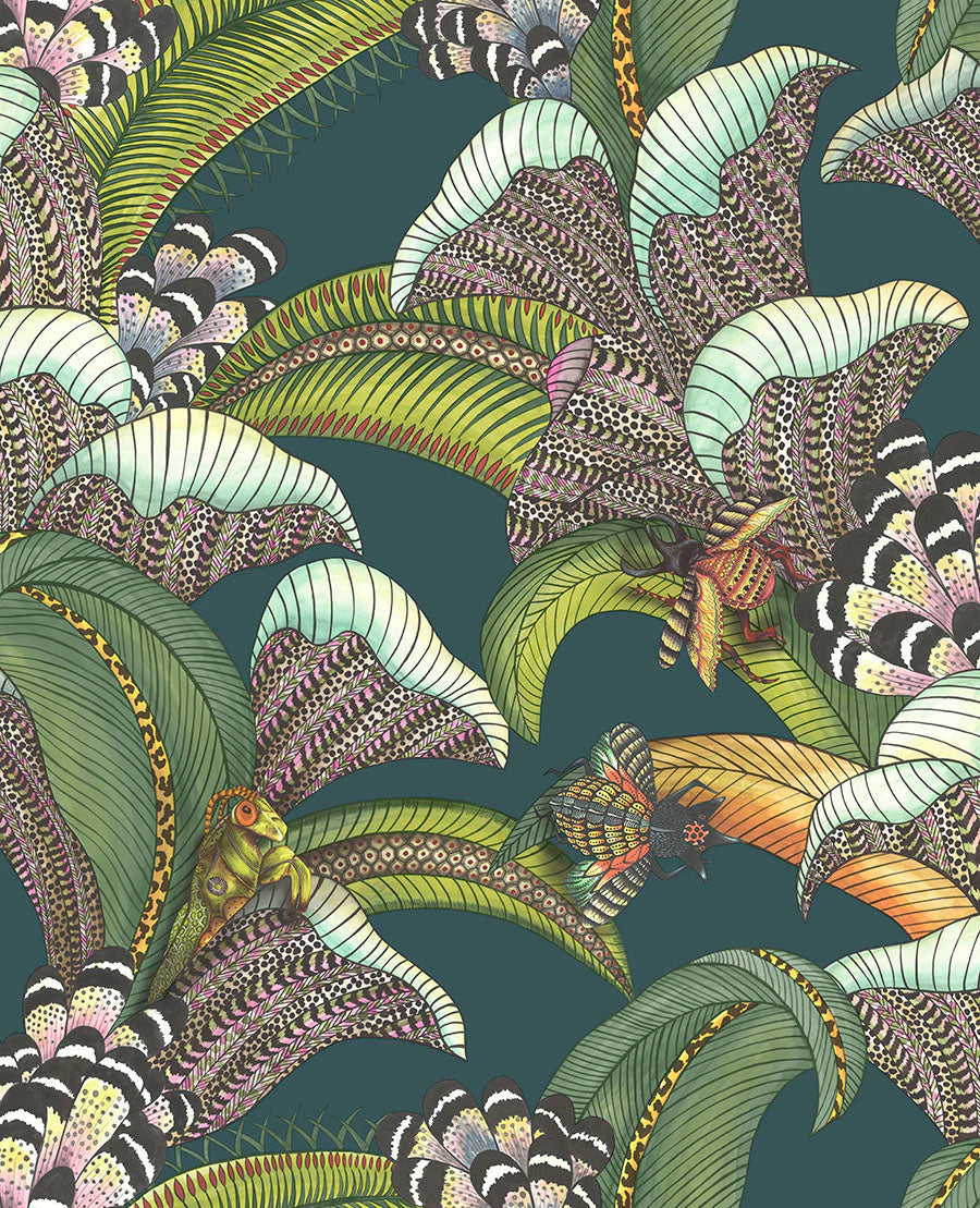 Cole & Son Ardmore Jabula .Hoopoe Leaves ,  Forest Green, Lime & Fuchsia on Dark Viridian