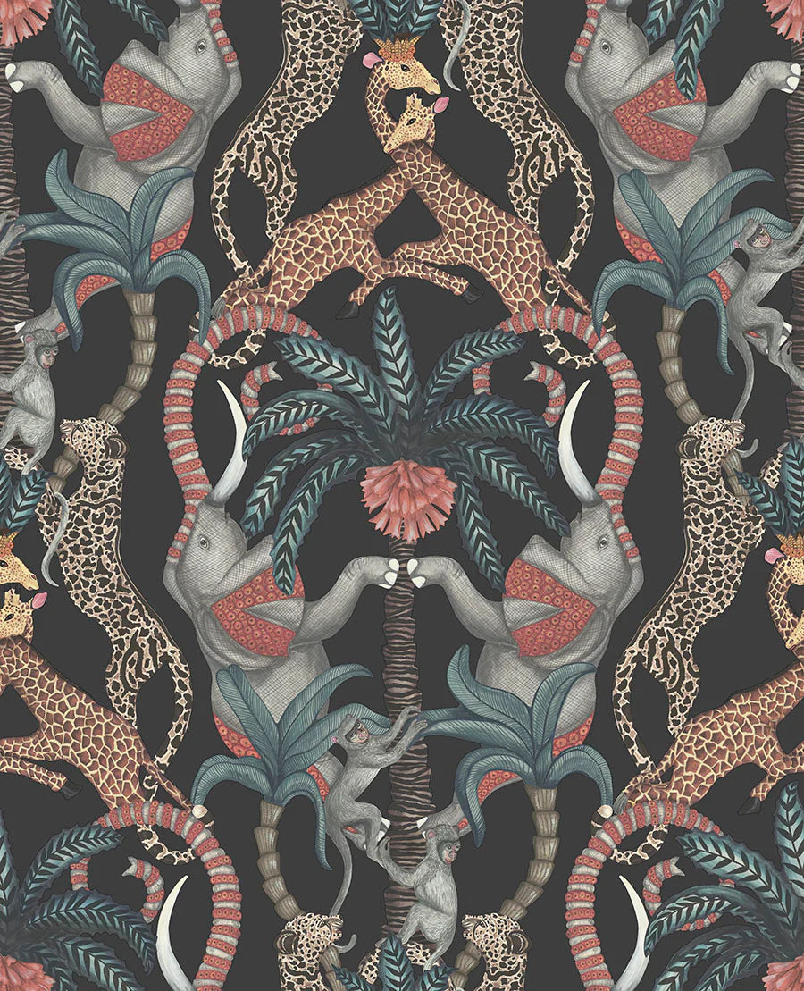 Cole & Son Jabula Safari Totem, Ruby & Print Room Blue on Charcoal