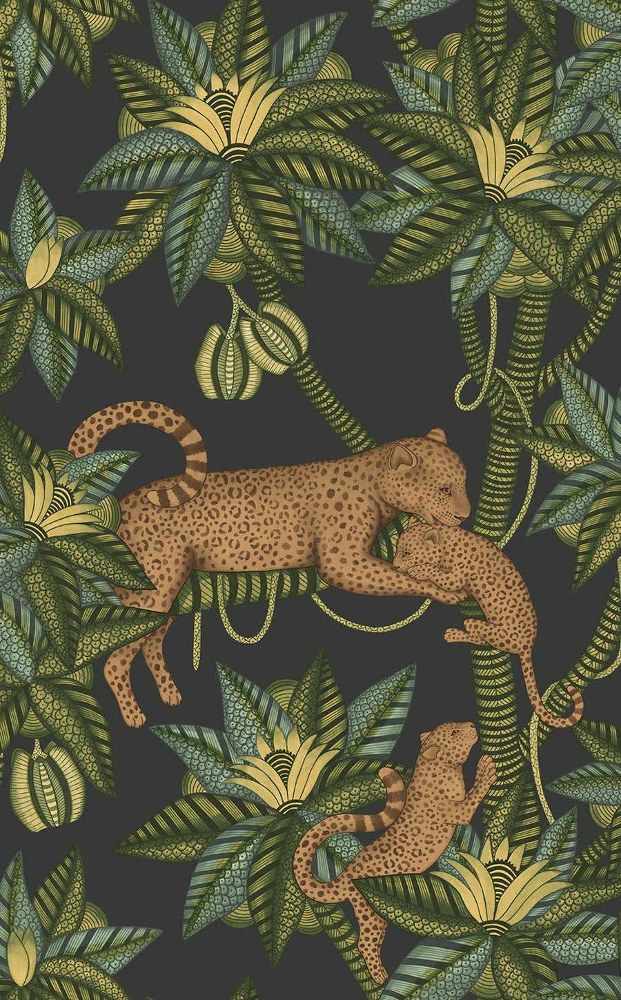 Cole & Son Ardmore Jabula .  Satara,   Spring Green & Metallic Bronze on Charcoal