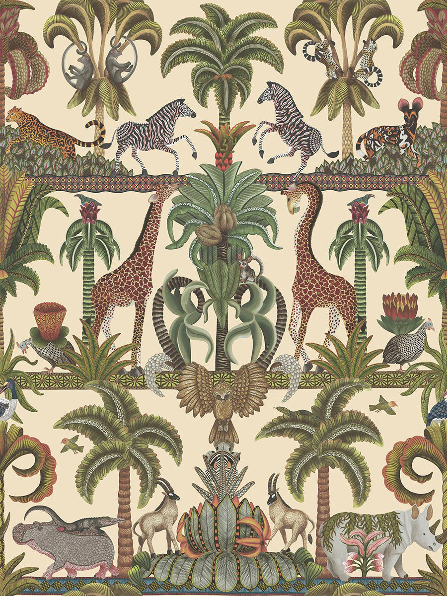 Cole & Son Ardmore Jabula.  Afrika Kingdom  Olive Green & Spring Green on Cream