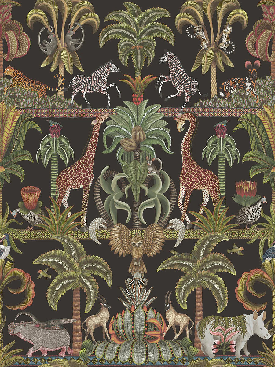 Cole & Son Ardmore Jabula.  Afrika Kingdom Olive Green & Spring Green on Black