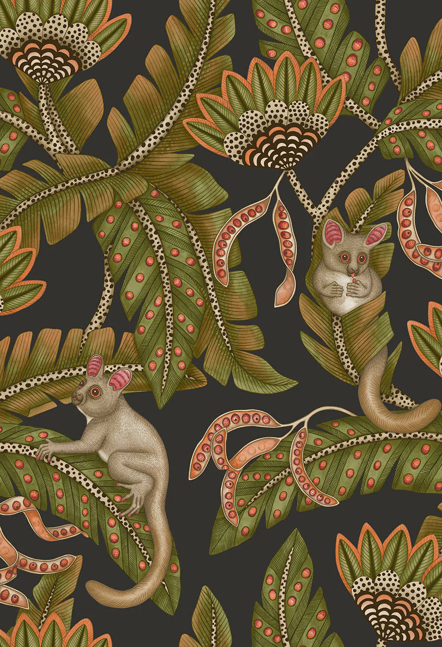 Cole & Son Ardmore Jabula.   Bush Baby, Spring Green & Orange on Black