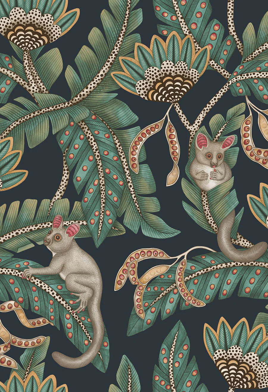 Cole & Son Ardmore Jabula.   Bush Baby, Teal & Ochre on Ink