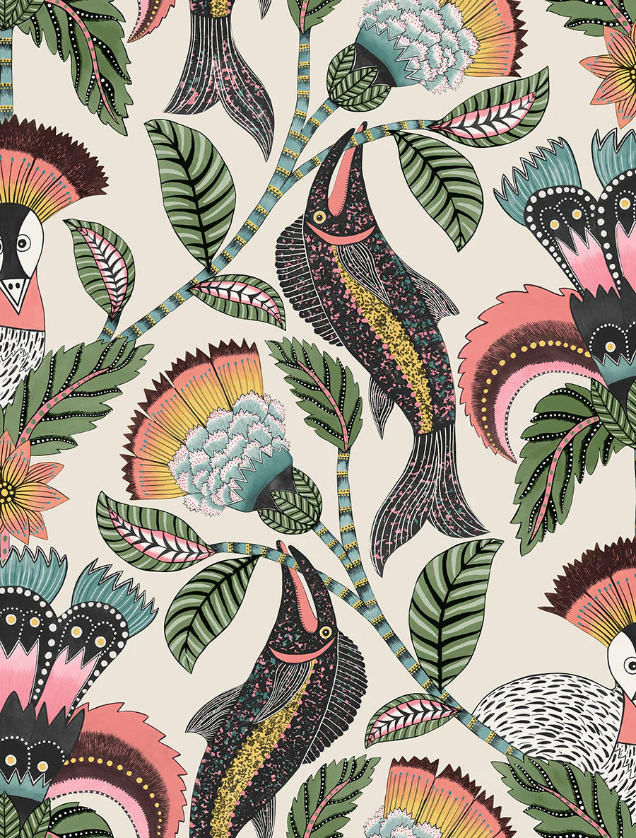 Cole & Son Ardmore Jabula . Nene  Coral, Sage & Teal on Parchment