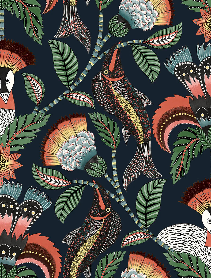 Cole & Son Jabula Nene, Tangerine, Forest Green & Petrol on Ink