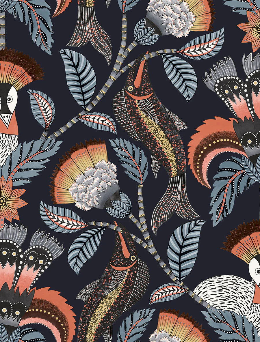 Cole & Son Ardmore Jabula . Nene , Terracotta, Cerulean Blue & Heath Grey on Midnight