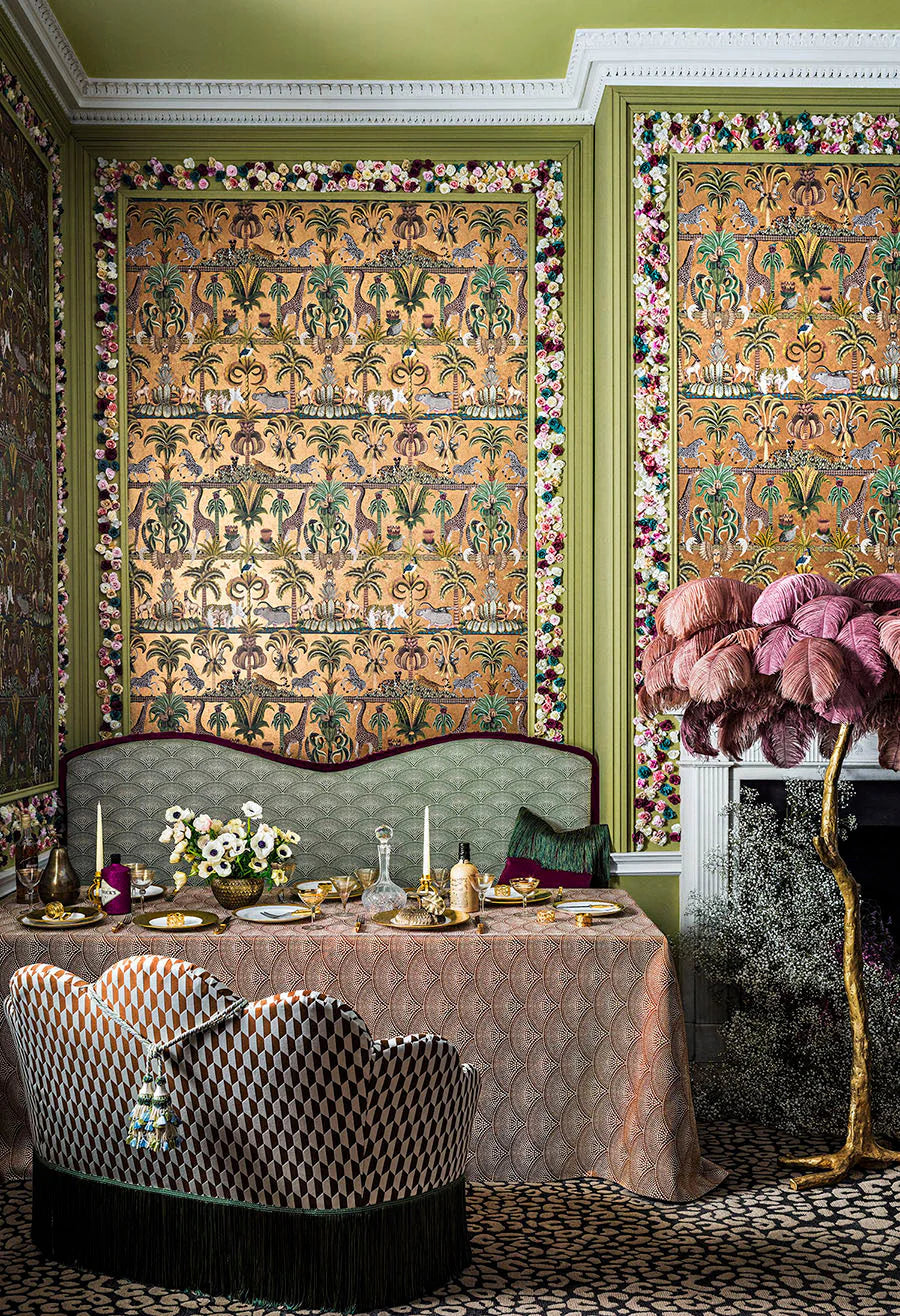 Cole & Son Ardmore Jabula.  Afrika Kingdom Olive Green & Spring Green on Metallic Bronze