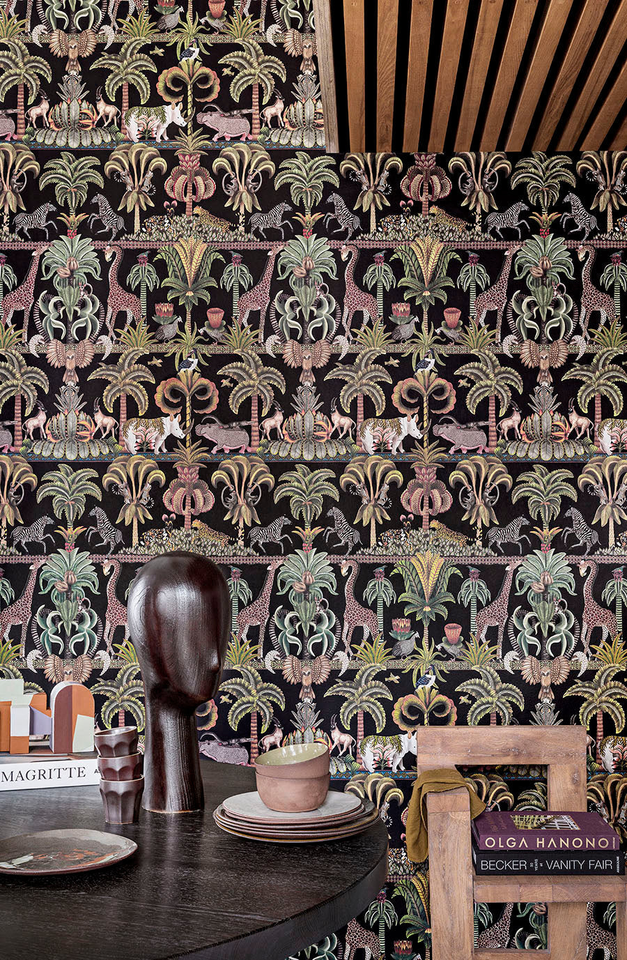 Cole & Son Ardmore Jabula.  Afrika Kingdom Olive Green & Spring Green on Black