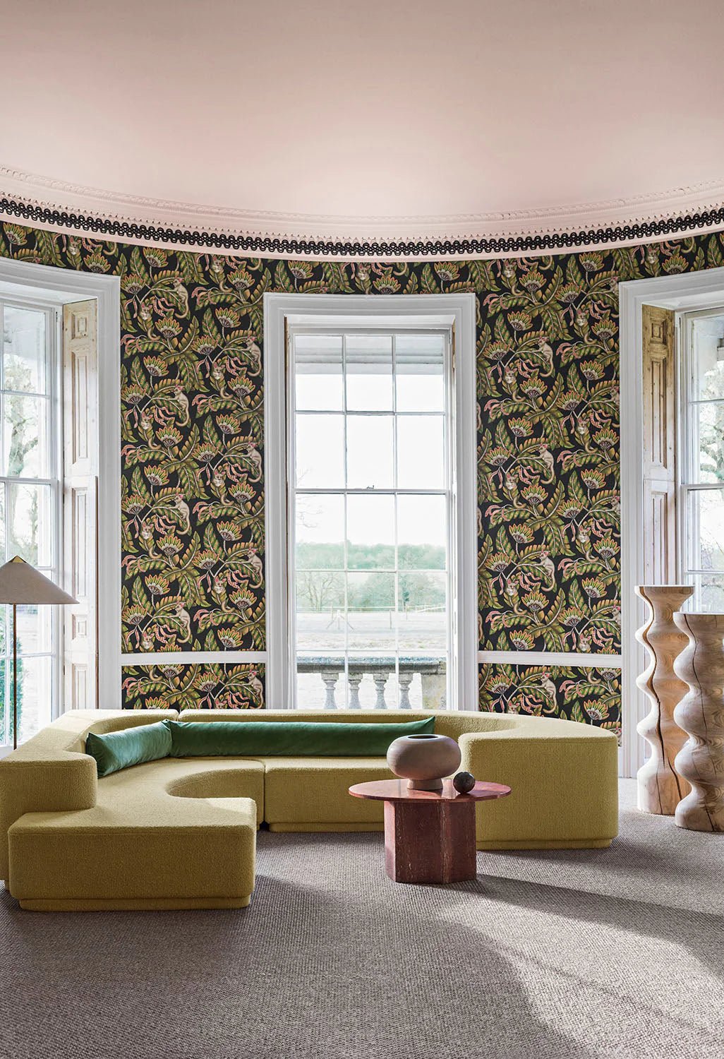 Cole & Son Ardmore Jabula.   Bush Baby, Spring Green & Orange on Black